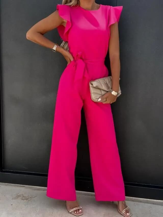 Women's Linen Ruffle Sleeve Belted Jumpsuit Wide Leg