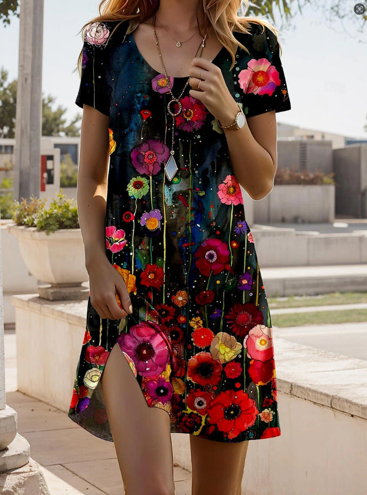 Women's Linen Blend Scoop-Neck Short-Sleeve Printed Dress