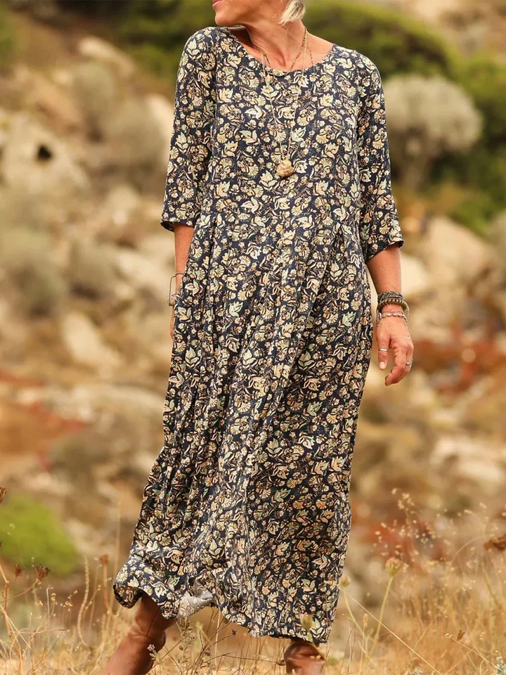 Women's Linen Pleated Long-Sleeve Maxi Dress