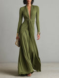 Women's Silk Stretch Long-Sleeve Deep V-Neck Ruched Maxi Dress