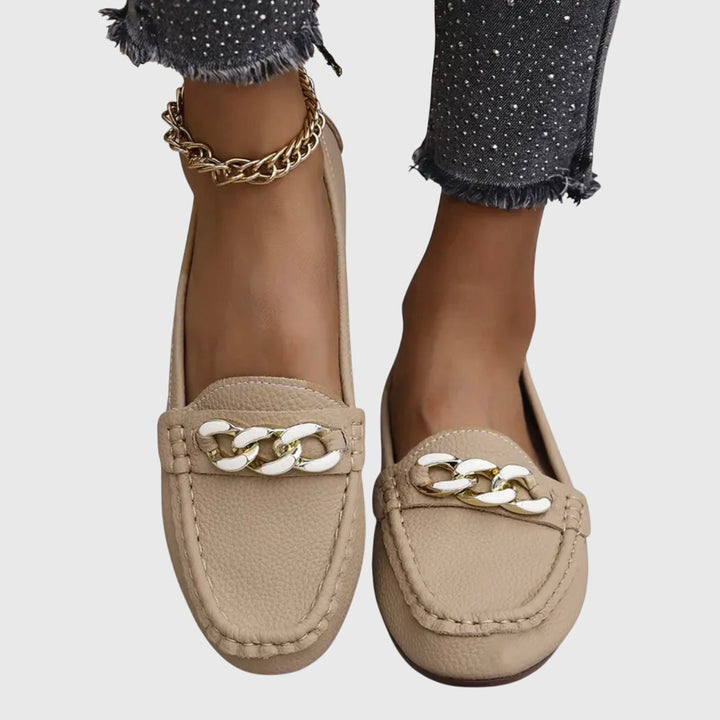 Women's Leather Loafers Chain Flat Shoes Moccasins Slips On