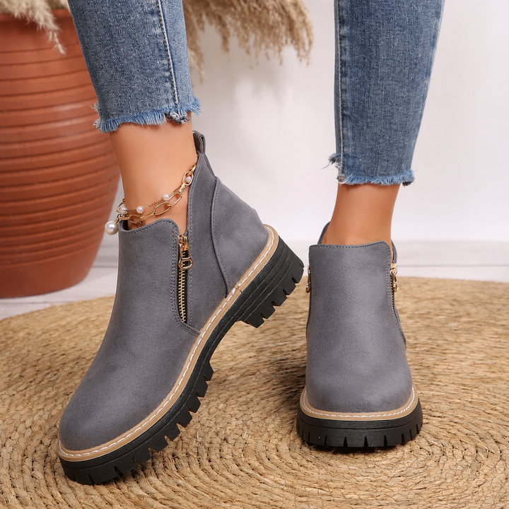 Women's Leather Ankle Boots Zipper Lug Sole Chunky Booties