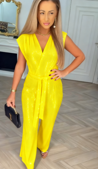 Women's V-Neck Satin Tie Jumpsuit