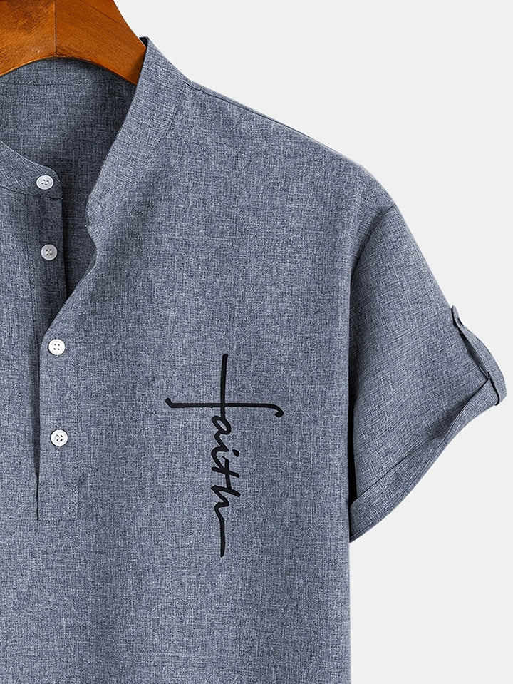 Men Henley Linen Shirt Casual Short Sleeve Cross Graphic Tee