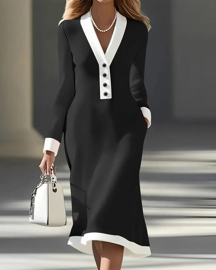 Women's V-Neck Long-Sleeve Knitted Midi Dress