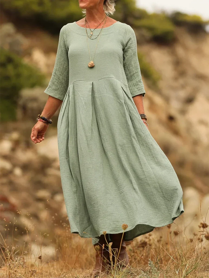 Women's Linen Pleated Long-Sleeve Maxi Dress