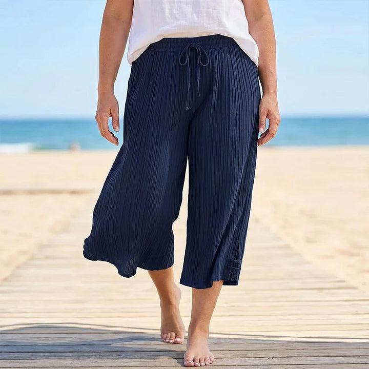 Women’s Linen Pleated Drawstring Wide-Leg Culottes