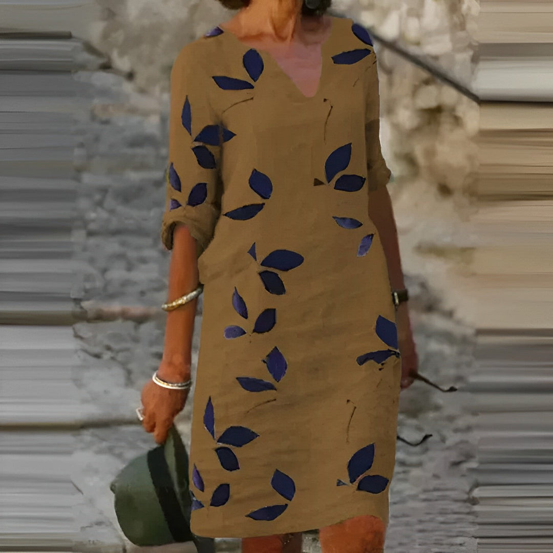 Cotton Shift Dress with Leaf Print for Women Summer Daywear