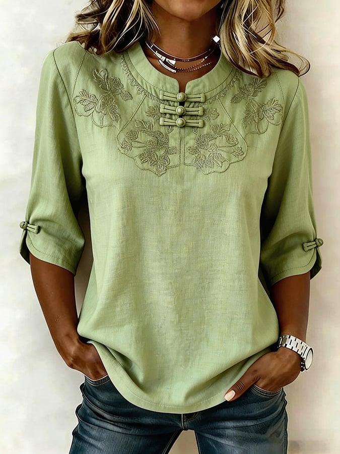 Women's Linen Embroidered Casual Three Quarter Sleeve Top