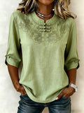 Women's Linen Embroidered Casual Three Quarter Sleeve Top