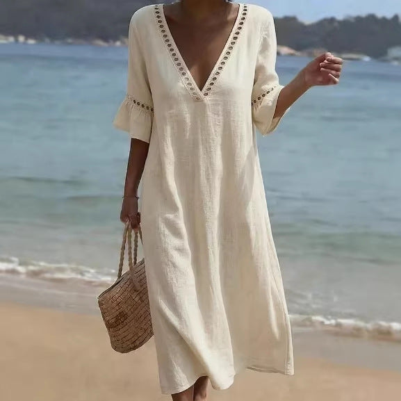 Women's Linen V Neck Beach Cover Up Kaftan Maxi Dress