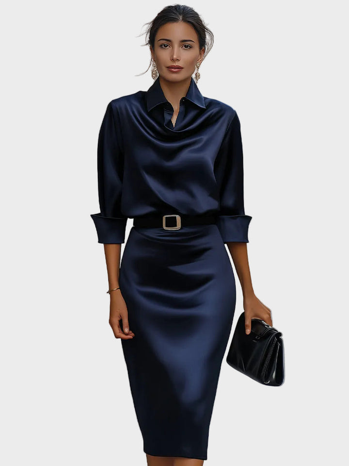 Women's Satin Cowl Neck Long Sleeve Midi Dress