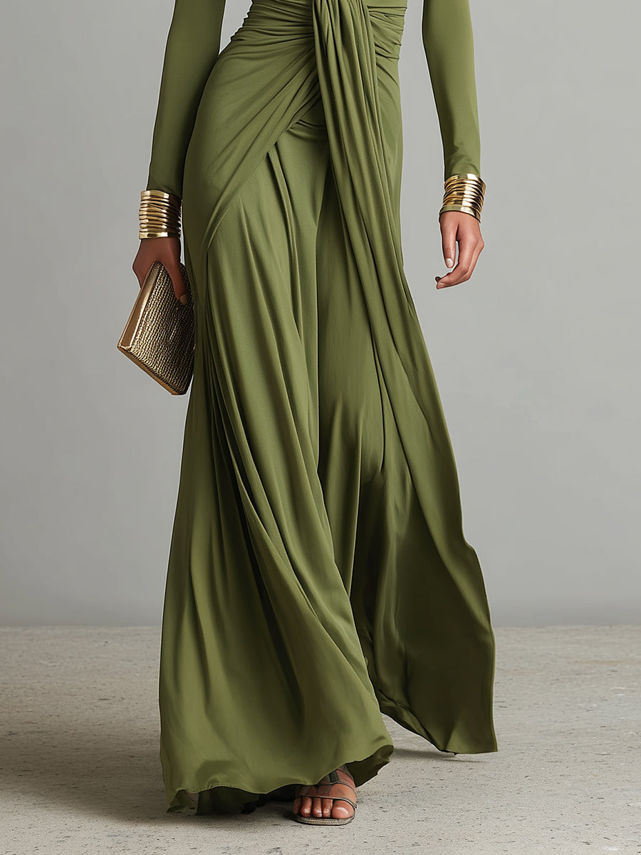 Women's Silk Stretch Long-Sleeve Deep V-Neck Ruched Maxi Dress