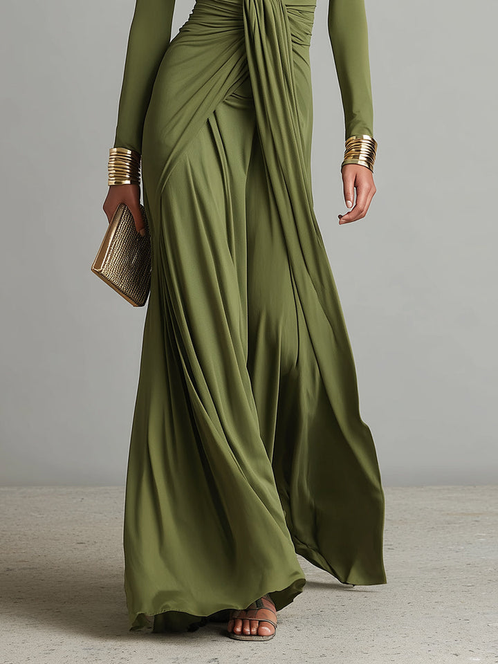 Women's Silk Stretch Long-Sleeve Deep V-Neck Ruched Maxi Dress