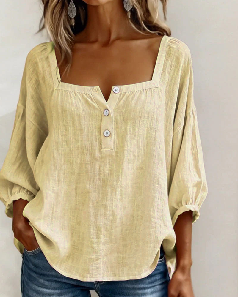 Women's Linen Blouse Square Neck Long Sleeve Casual Top Shirt