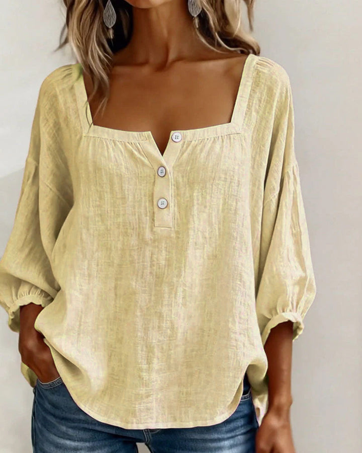 Women's Linen Blouse Square Neck Long Sleeve Casual Top Shirt