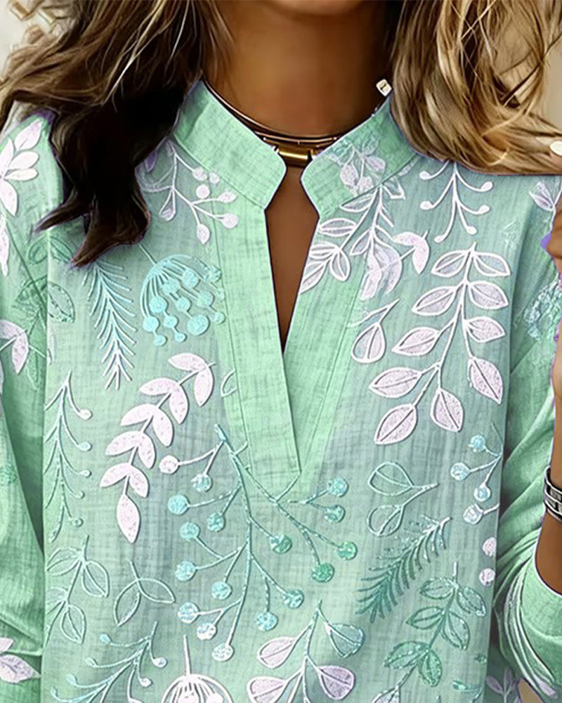 Women's Floral Print Linen V-Neck Long Sleeve Blouse