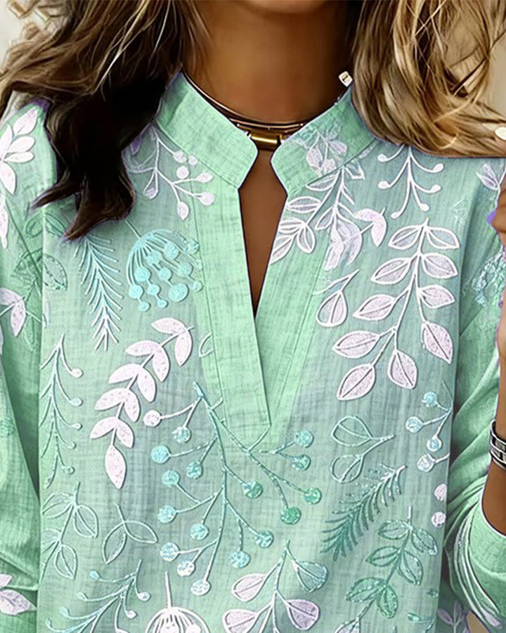 Women's Floral Print Linen V-Neck Long Sleeve Blouse