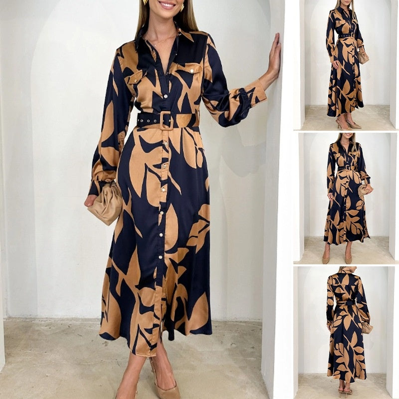 Women’s Printed Linen Button-Front Maxi Shirt Dress