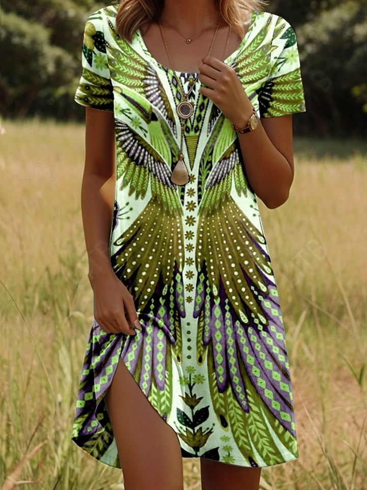 Women's Linen Blend Scoop-Neck Short-Sleeve Printed Dress