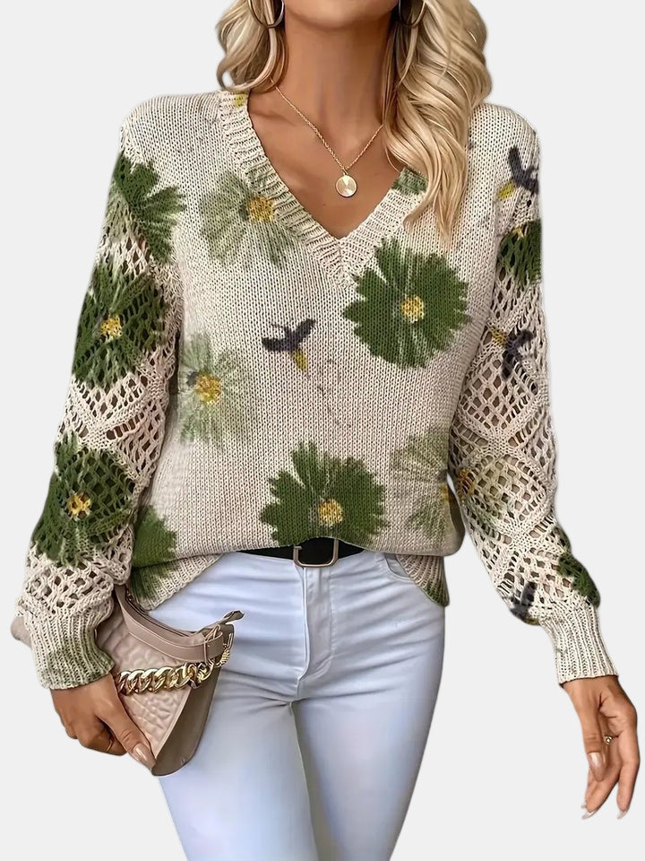 Women's Long Sleeve Knit V-Neck Floral Sweater Jumper