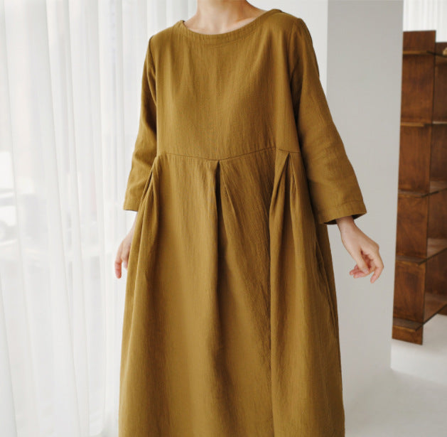 Women's Linen Maxi Dress Loose Fit Long Sleeve Kaftan Dress