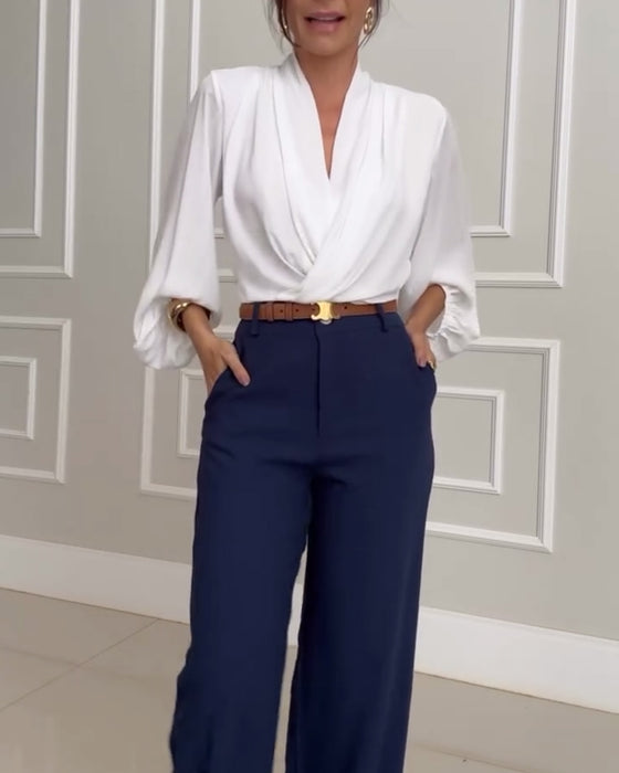 Women's Satin Wrap Blouse Long Sleeve V Neck Shirt Top