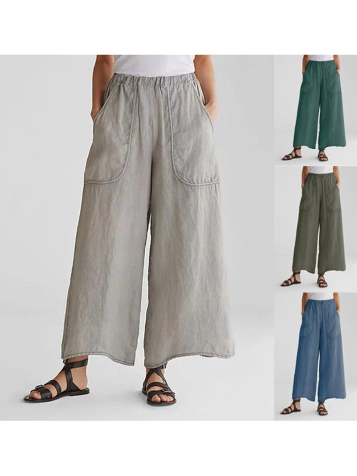 Women's Wide Leg Linen Trousers Loose Fit Lightweight Elastic Waist Pants