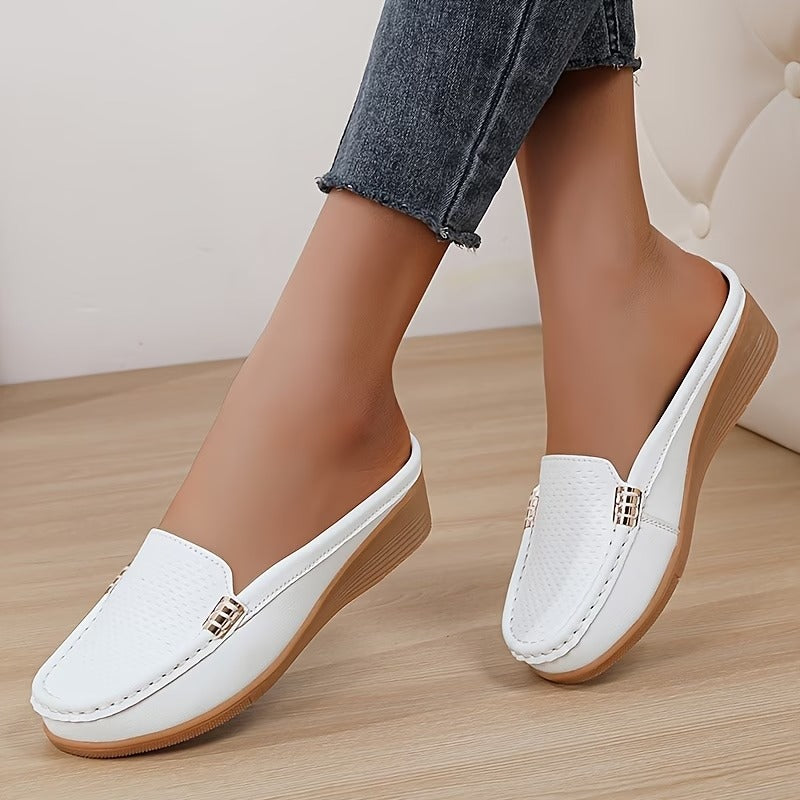 Women's Leather Mules Wedge Loafers Slip On Shoes
