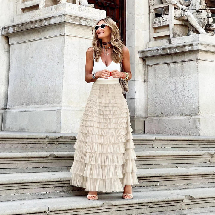Women's Tulle High Elastic Waist Multi-Layered Mesh Boho Maxi Skirt