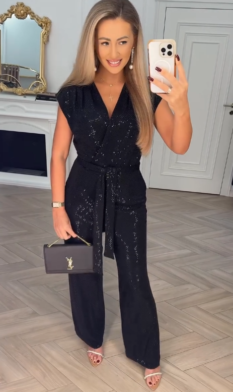 Women's V-Neck Satin Tie Jumpsuit
