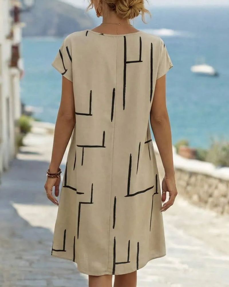 Women's Short Sleeve Linen Midi Shift Dress