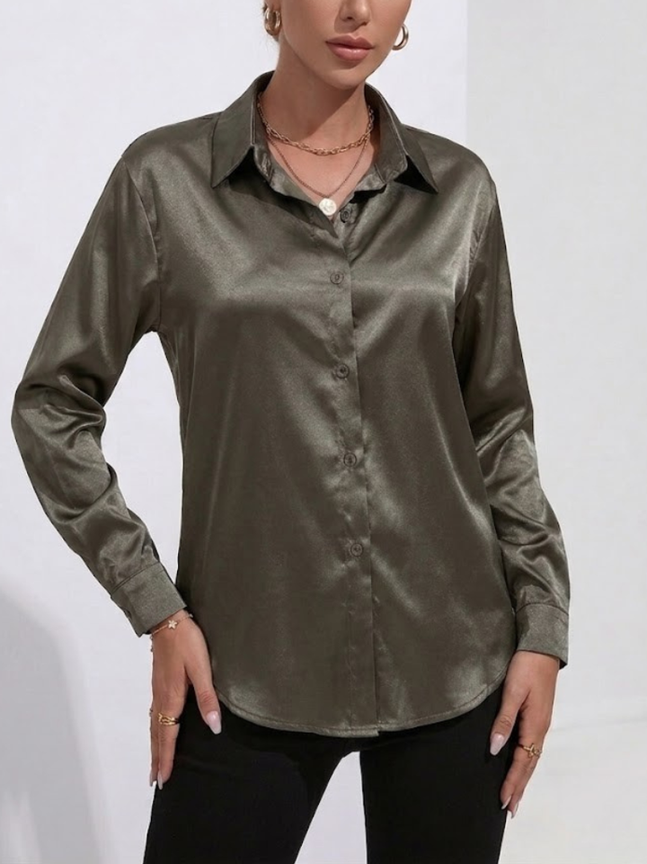 Women's Satin Long Sleeve Button Down Shirt Office Blouse