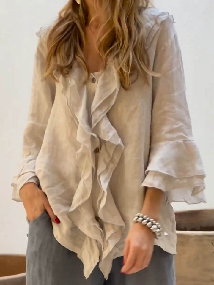 Women's Linen Ruffle Blouse and Wide Leg Trousers Pants