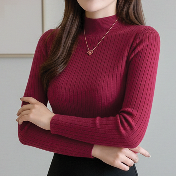 Women's Mock Neck Ribbed Knit Merino Wool Long Sleeve Jumper