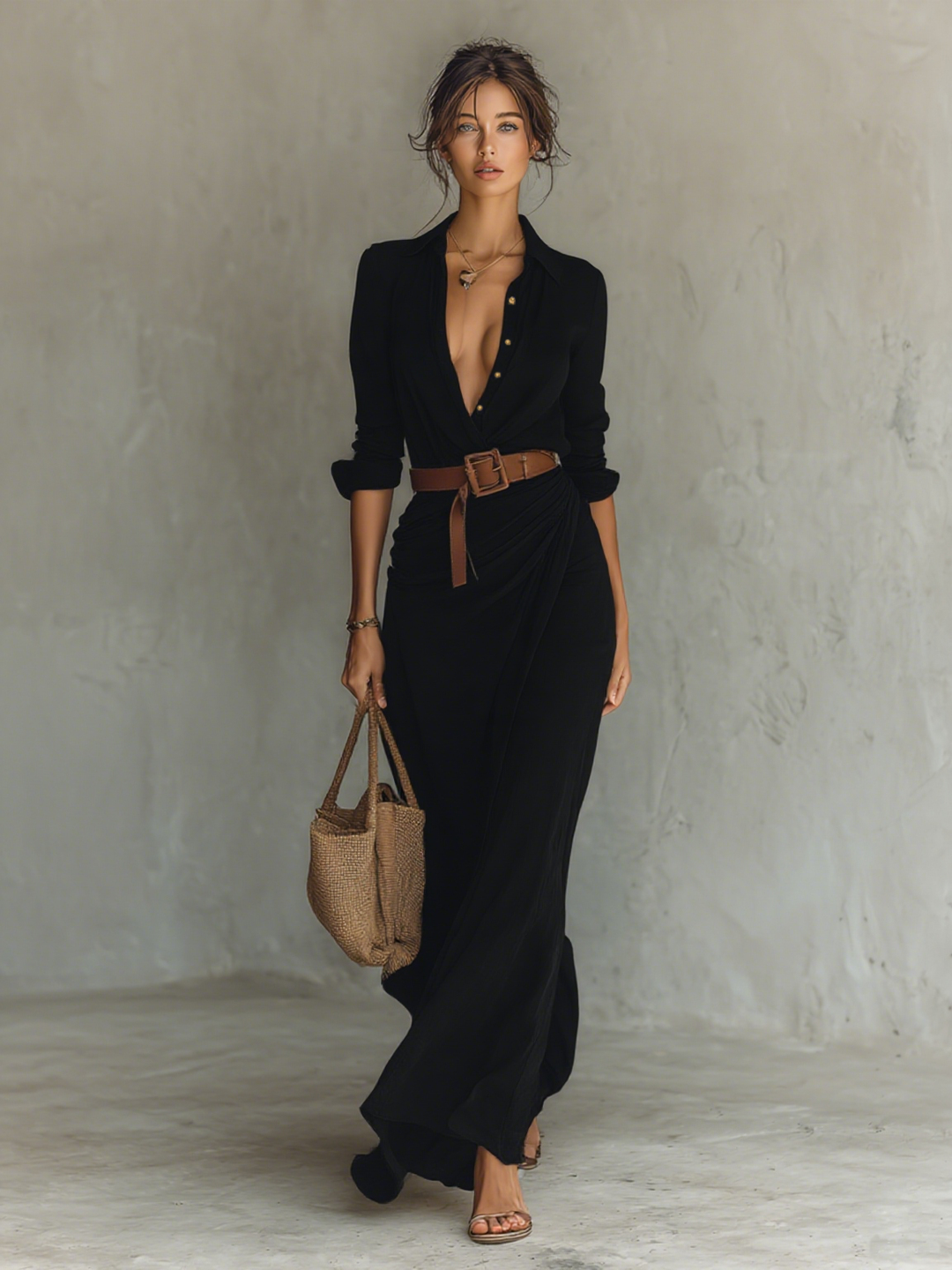 Women's Long Sleeve Belted Linen Blend Maxi Shirt Dress