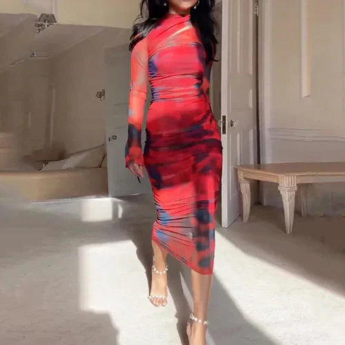 Women's High Neck Long Sleeve Mesh Bodycon Midi Dress