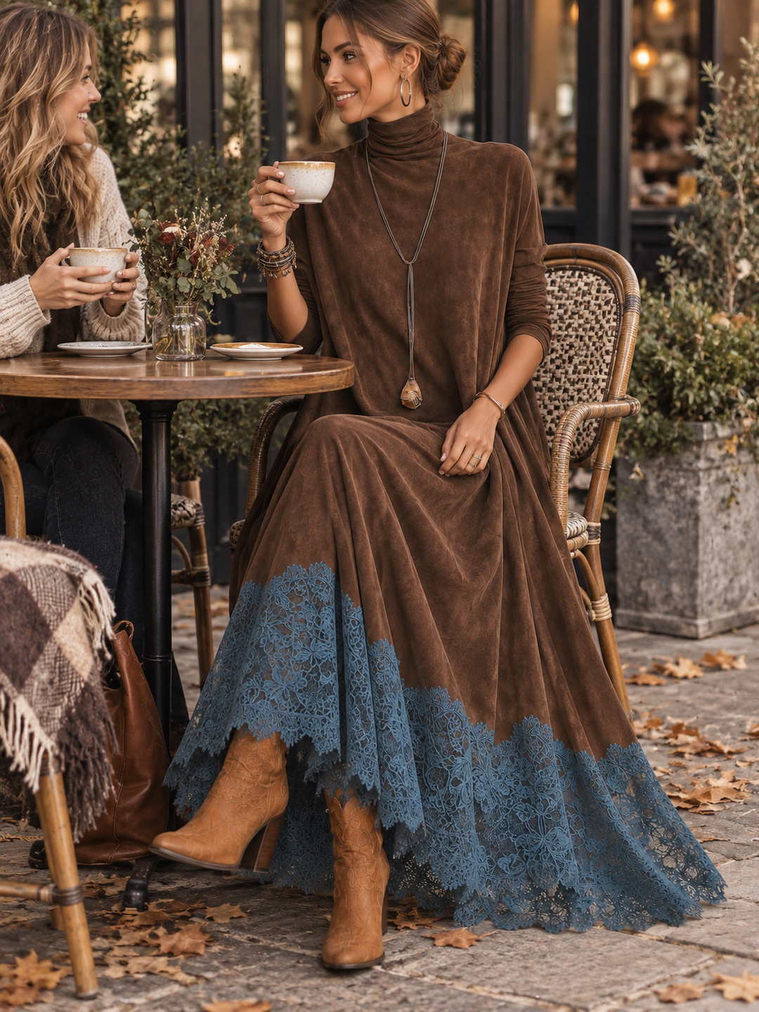 Dámské pletené maxi šaty s rolákem a volným oversized střihem