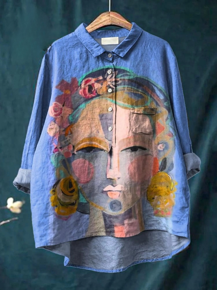 Women's Oil Painting Portrait Print Linen Shirt
