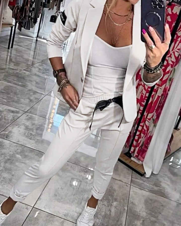 Linen 3-Piece Suit Women Blazer Camisole and Trousers Set