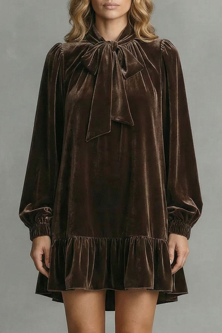 Women’s Velvet Bow-Tie Neck Long-Sleeve Mini Dress