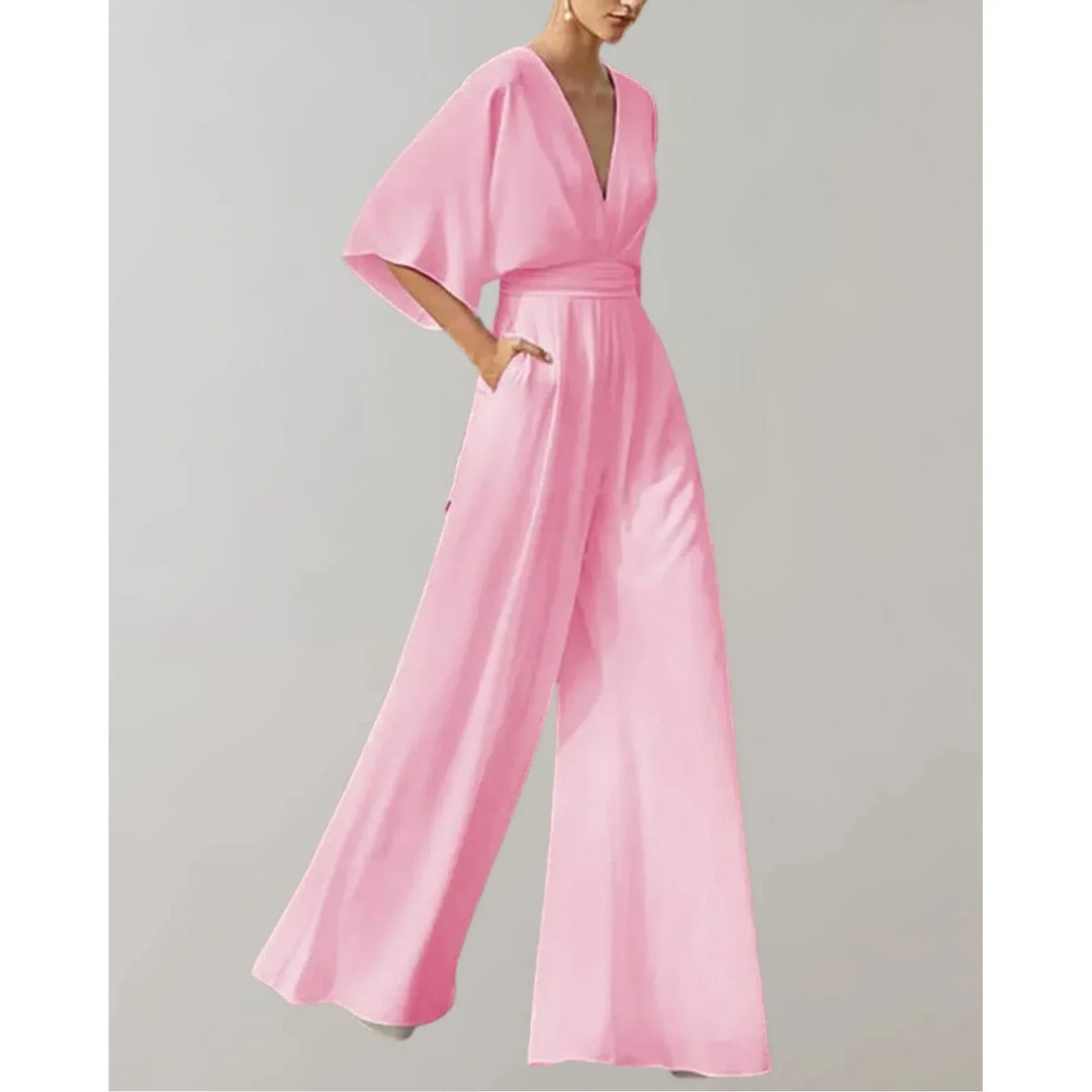 Women's Elegant V-Neck Satin Wide Leg Jumpsuit