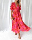 Women Maxi Dress Chiffon Floral V Neck Ruffle Puff Sleeve Casual A Line Long Dress