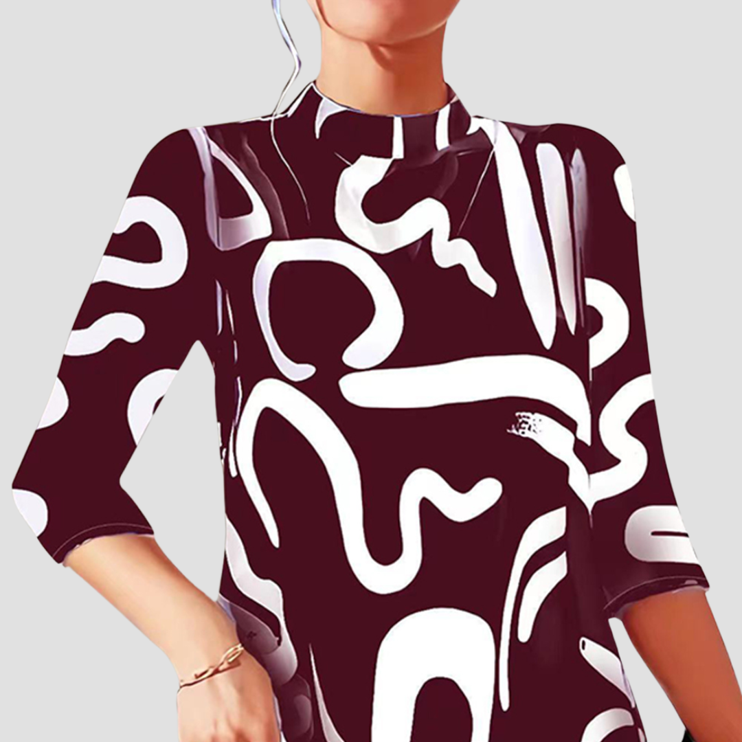 Women's Satin Dress Mock Neck Abstract Print 3/4 Sleeve Shift