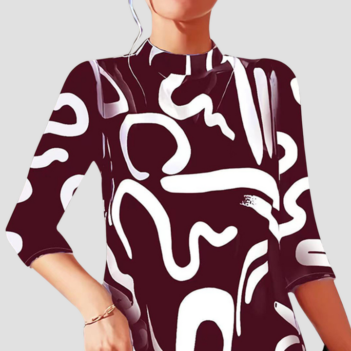 Women's Satin Dress Mock Neck Abstract Print 3/4 Sleeve Shift