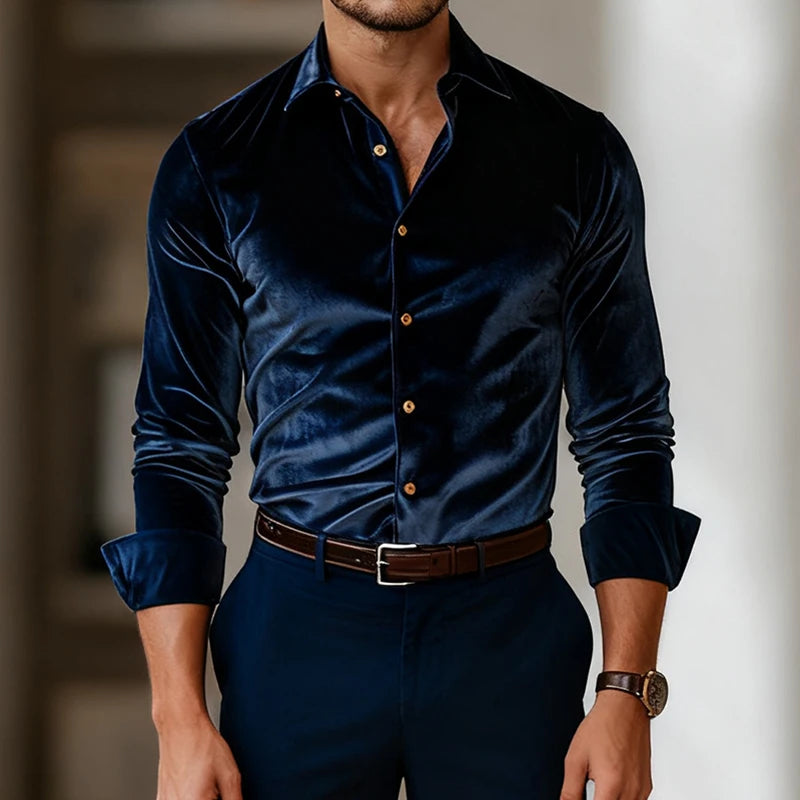 Men's Tailored Long-Sleeve Velvet Button-Up Dress Shirt