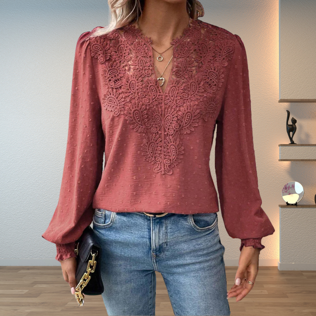 Women's Lace V-Neck Long Sleeve Chiffon Top