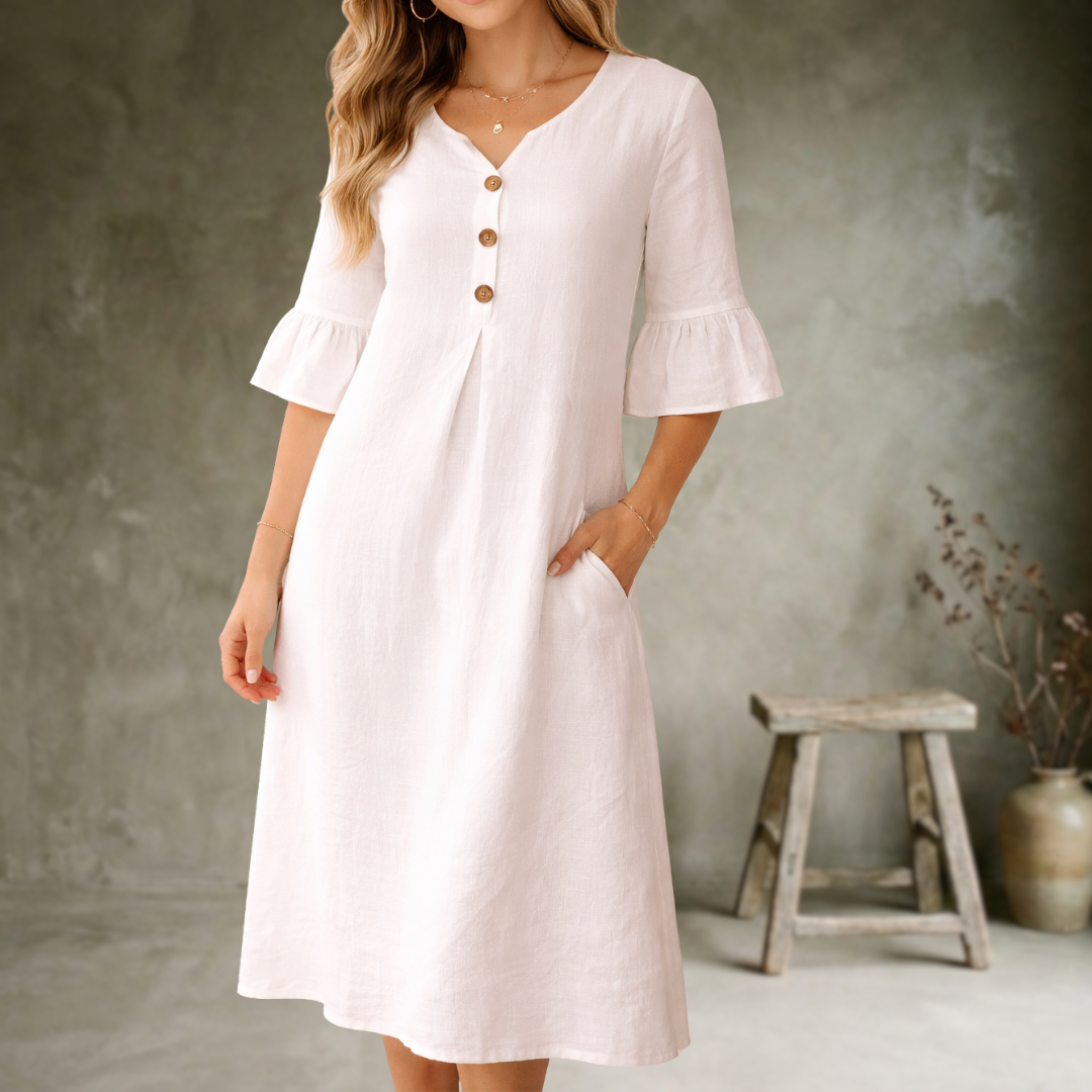 Linen V Neck Flute Sleeve Midi Dress for Women