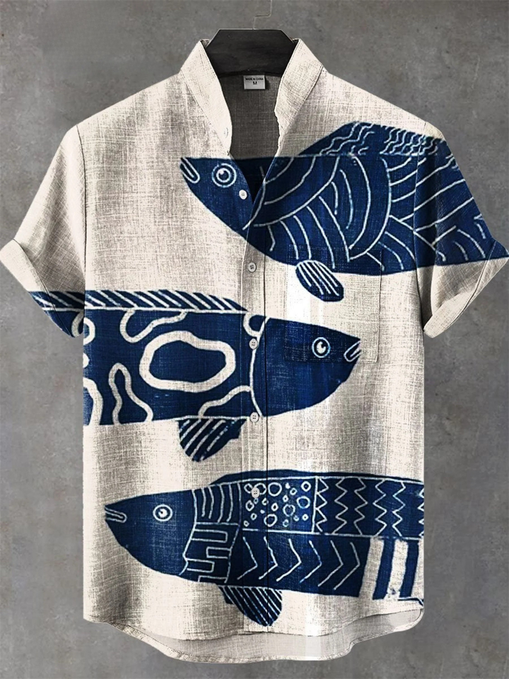 Men's Linen Short Sleeve Fish Print Button Up Shirt