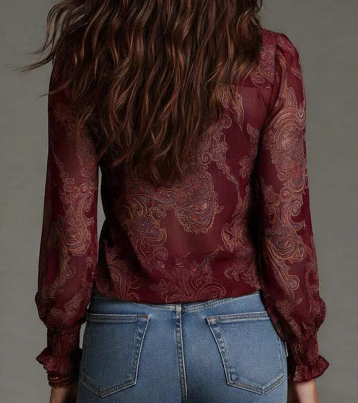 Women's V-Neck Ruffled Long Sleeve Chiffon Blouse